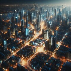 A breathtaking aerial night view of a bustling city with its skyscrapers and highways illuminated in vibrant lights. The intricate network of streets and buildings creates a lively and energetic urban