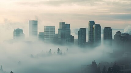Naklejka premium A misty skyline reveals towering buildings shrouded in fog, creating a serene and mysterious urban landscape.