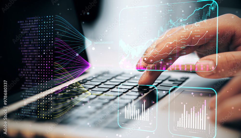Aufkleber Close up of male hands using laptop keyboard with creative glowing business chart and ai binary code nodes on blurry background. Virtual marketing and finance concept. Double exposure.
