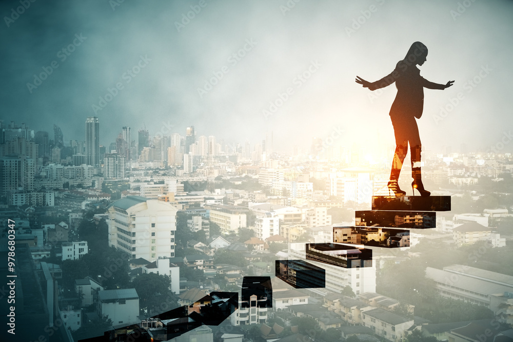 Poster side view of female climbing stairs on abstract city background with mock up place. career, success 