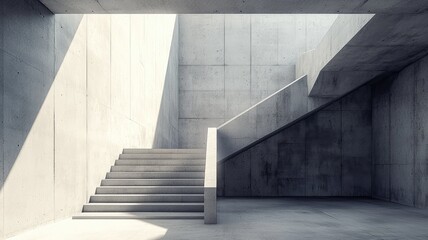 Fototapeta premium A modern staircase in a minimalist concrete space, showcasing elegant lines and natural light streaming through.