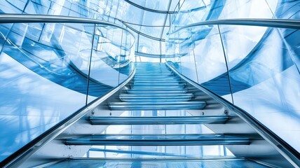 Obraz premium A modern staircase with a sleek design in a glass building, leading upward through a bright and airy space.