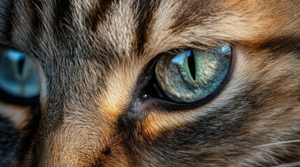 Close-up of a cat with a unique fur pattern, fur texture highlighted by gentle lighting, calm and curious expression