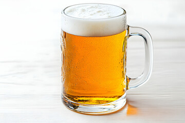 Frosty Beer Mug with Golden Lager and Foamy Head on Light Background: Refreshing Beverage Concept