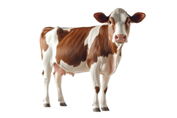 brown and white cow full-length standing in front of an isolated on a white background, isolated on a transparent background. cut out PNG format for graphic design,
