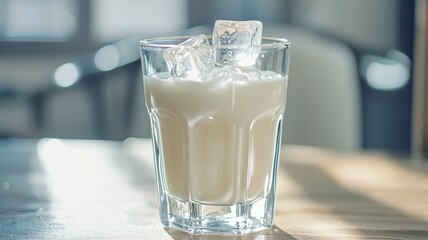 A refreshing drink with ice cubes in a clear glass, perfect for a warm day, showcasing a creamy texture and inviting appearance.