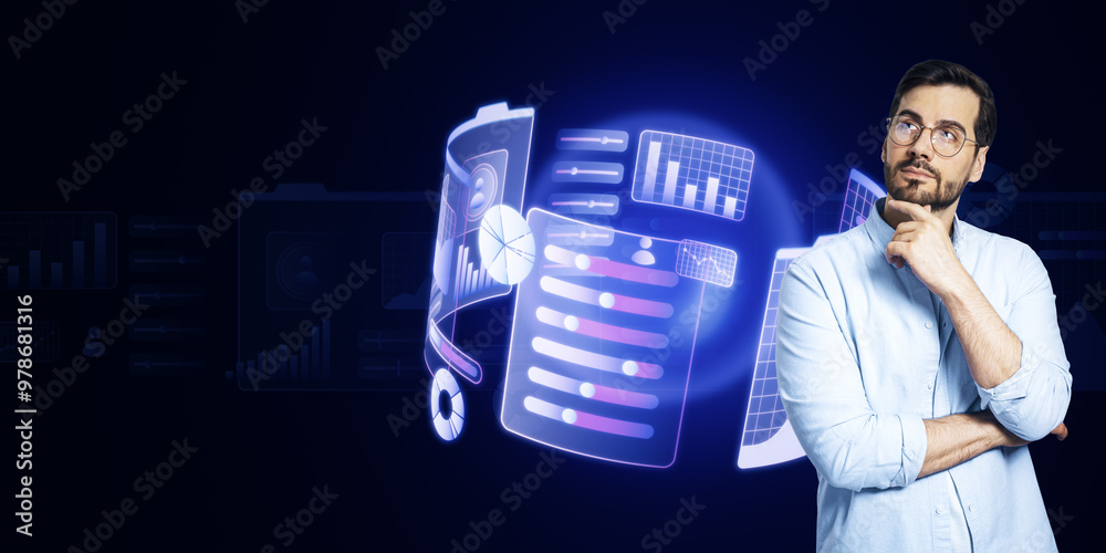 Poster attractive thoughtful young european businessman with glowing round business graph hologram on dark 