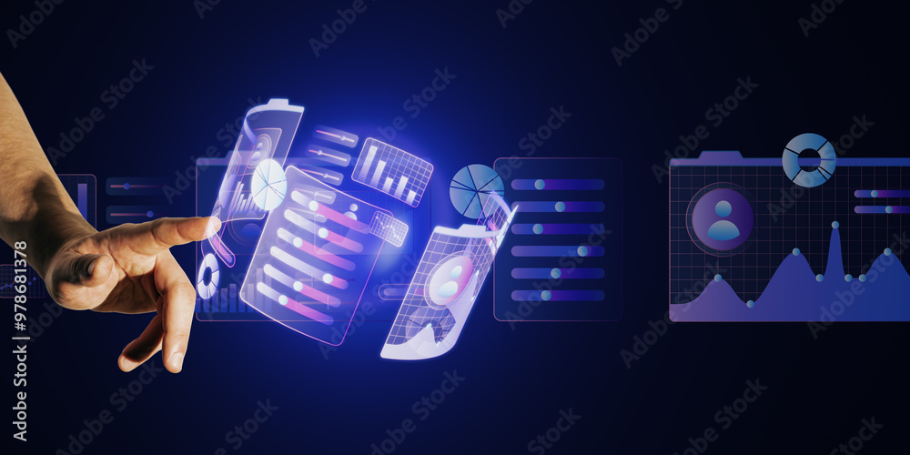 Aufkleber close up of hand using glowing round business graph hologram on dark background. financial growth, a