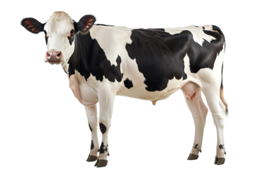black and white cow full-length standing in front of an isolated on a white background, isolated on a transparent background. cut out PNG format for graphic design,
