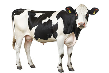 black and white cow full-length standing in front of an isolated on a white background, isolated on a transparent background. cut out PNG format for graphic design,