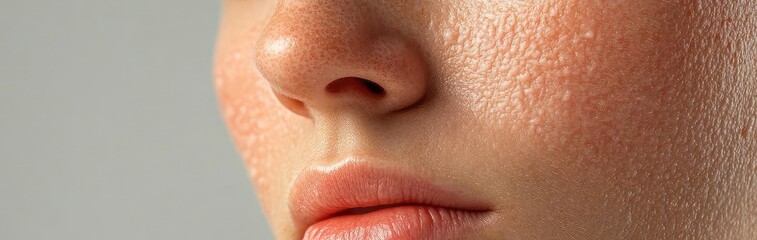 Fototapeta premium Close-up of a woman's face showing healthy skin texture and smooth lips, emphasizing beauty and skincare.