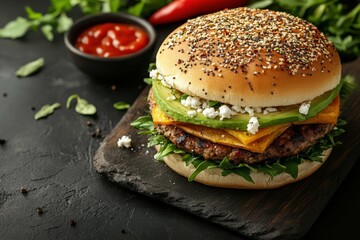 Sweet potato burger without top bun, topped with avocado, feta cheese, and a sprinkle of chili flakes, placed on the right side of a dark stone table, professional overhead shot. - Powered by Adobe