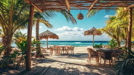 A serene beach scene with palm trees, thatched umbrellas, and a wooden deck, inviting relaxation by the ocean.