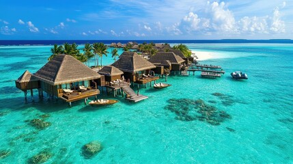 A luxury resort in the Maldives with overwater villas, palm trees, and a private beach.