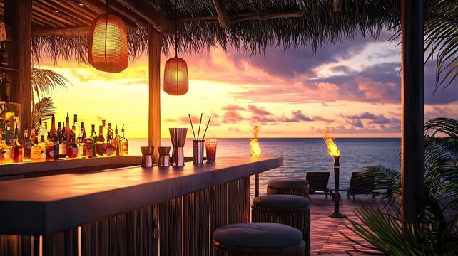 A serene beach bar at sunset, featuring a beautiful ocean view, tropical ambiance, and cozy seating for relaxation.