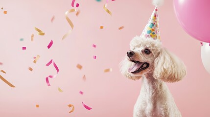 Cute poodle dog wearing a colorful birthday hat, surrounded by floating ribbons in the air, celebrating a fun birthday party with a minimalist background. 