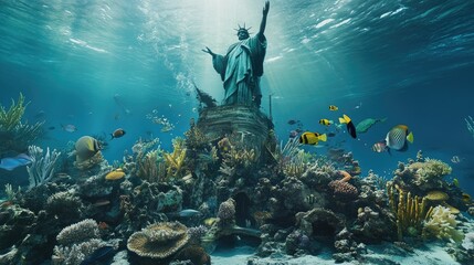 Fototapeta premium A majestic underwater view of the Bahamian statue, with a diverse array of marine species swimming around its massive base.