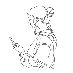 One continuous line. Woman with phone. Linear style