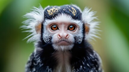 Obraz premium A marmoset looking directly at the camera with its distinctive white facial fur and expressive eyes.