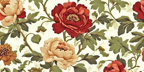 A beautiful floral pattern featuring vibrant peonies in red and cream hues. This design brings warmth and elegance to any space. Ideal for fabric, wallpaper, or home decor. AI