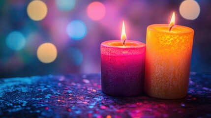 "Decorative Candles with Festive Bokeh Lights"