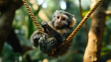 Obraz premium A marmoset monkey playfully interacting with a rope swing in a forest enclosure.