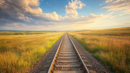 Obraz premium A serene landscape featuring a railway track stretching into the horizon, surrounded by lush fields and a dramatic sky.