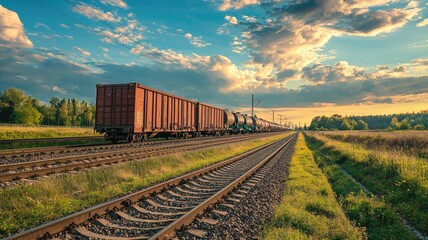 Fototapeta premium A serene landscape showcasing a freight train along the railway, set against a beautiful sky with scattered clouds.