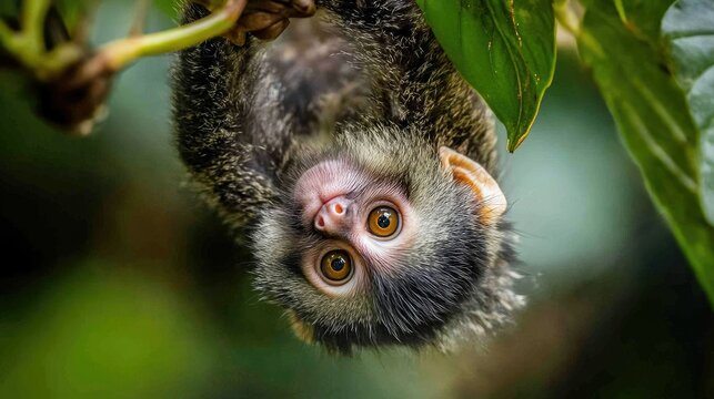 A marmoset monkey with a playful expression, hanging upside down from a vine in its natural habitat.