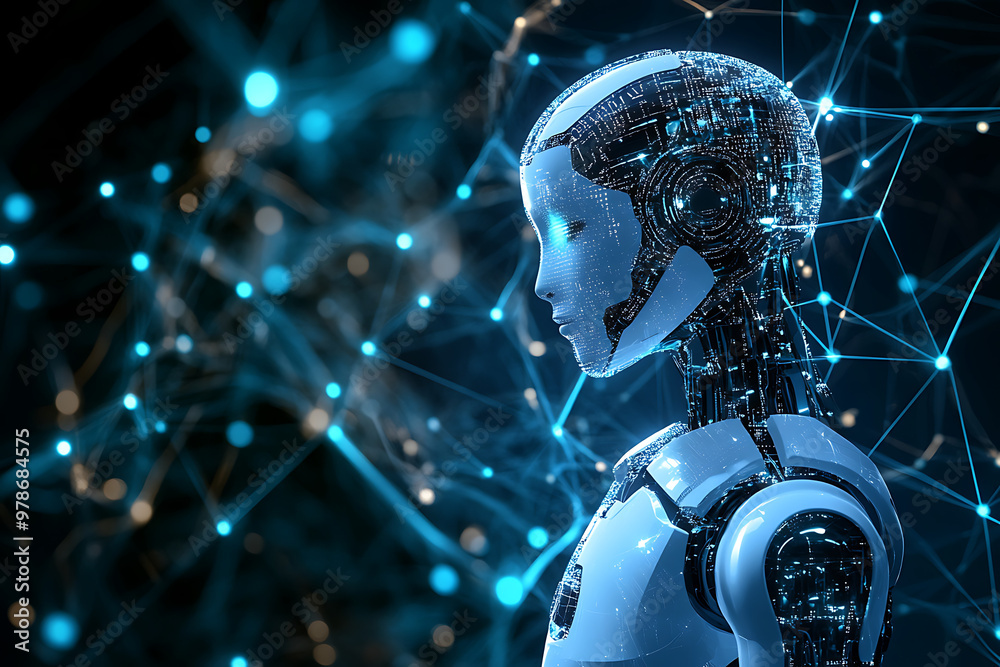 Poster a futuristic robot head with a digital network background symbolizing advanced technology.