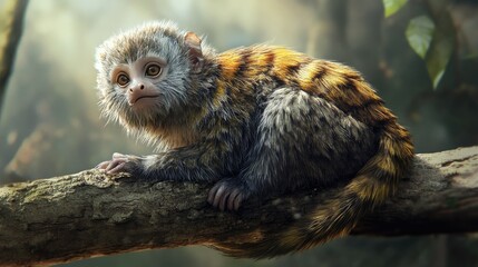 A marmoset sitting on a log, with its tail wrapped around its body, observing its surroundings.