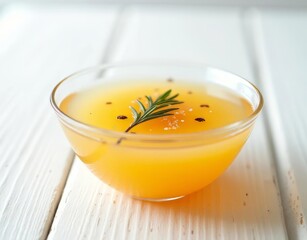 Clear and appetizing soup in a glass bowl on a white wooden table.
