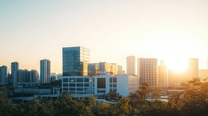 A modern industrial factory complex with tall buildings and production facilities, against a backdrop of a clear sky.