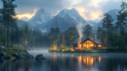 Obraz premium Cabin by the Lake with Mountain View