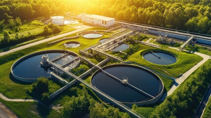 A modern industrial wastewater treatment plant with filtration tanks and green surroundings.