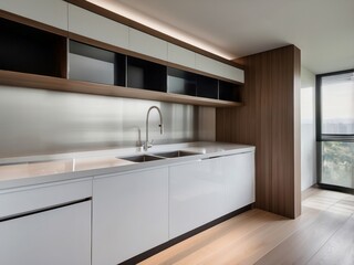 Modern Kitchen with Stainless Steel Backsplash and Double Sink