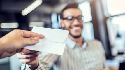 Successful businessmen receive envelopes with salary increases or bonuses, expressing joy and satisfaction. Corporate rewards, financial incentives, and career development concepts