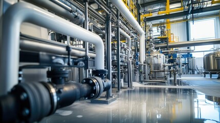 A modern water purification facility at a chemical plant, surrounded by pipes and high-tech machinery.
