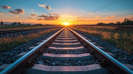 Fototapeta premium A serene sunset view along the railway tracks, showcasing vibrant colors and a tranquil atmosphere in nature.