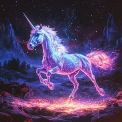 Obraz premium A neon-colored unicorn prancing across a twilight landscape, stars twinkling in the background, with an ethereal glow