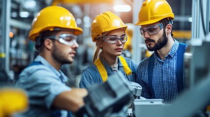 Fototapeta premium Industrial workers in a factory setting, operating heavy machinery and technology, focus on teamwork and precision