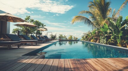 Fototapeta premium A serene swimming pool surrounded by palm trees and lounge chairs, perfect for relaxation under a clear blue sky.