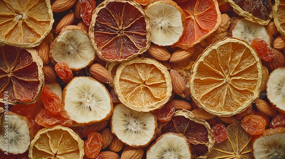 Poster dried fruits and nuts closeup texture top view : generative ai