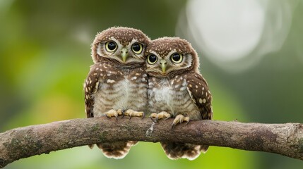 A pair of collared owlets sitting close together on a branch, showing their social behavior.
