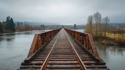 Naklejka premium A serene view of an old wooden bridge stretching over a calm river, surrounded by nature and a cloudy sky.