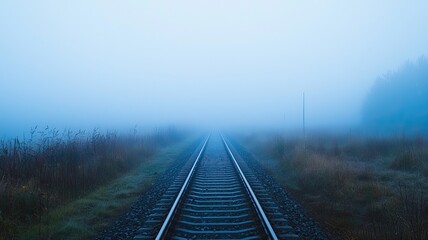 Obraz premium A serene view of railway tracks fading into the fog, evoking a sense of mystery and tranquility in nature's embrace.