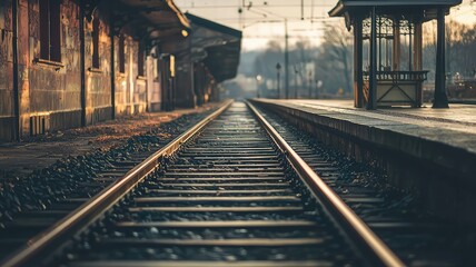A serene view of railway tracks at an empty station during golden hour, capturing the beauty of travel and solitude.