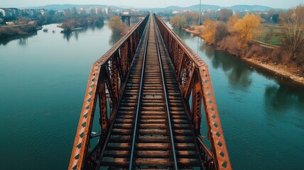 A stunning aerial view of a railway bridge over a serene river surrounded by nature, perfect for travel and adventure themes.
