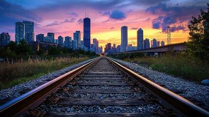 Fototapeta premium A stunning sunset view over a city skyline from the perspective of a railway track, blending nature and urban life.