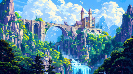 Fototapeta premium Colorful 16-bit pixel art castle perched atop an arch bridge with a scenic backdrop